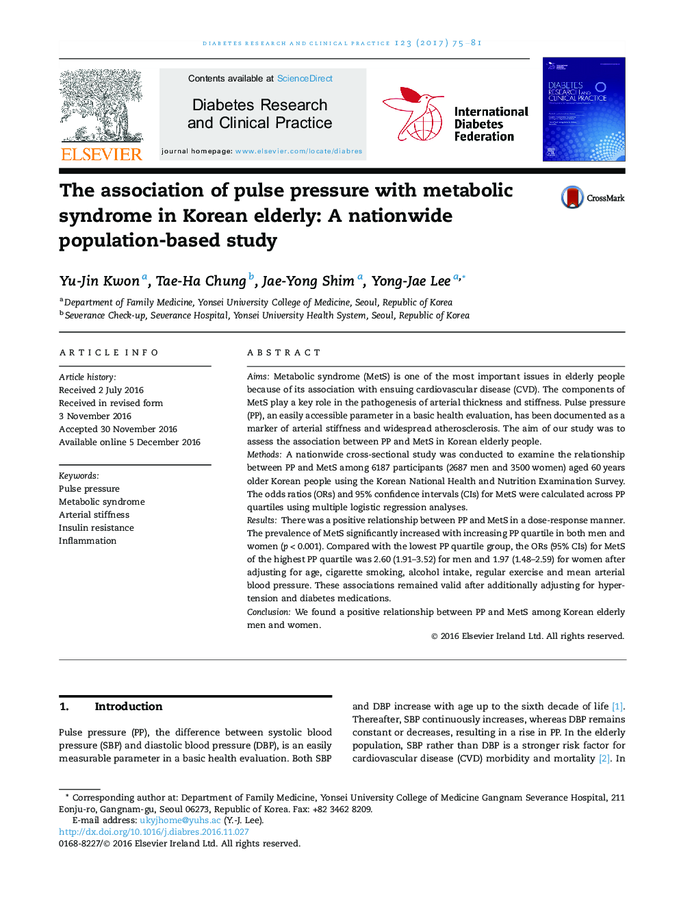 The association of pulse pressure with metabolic syndrome in Korean elderly: A nationwide population-based study