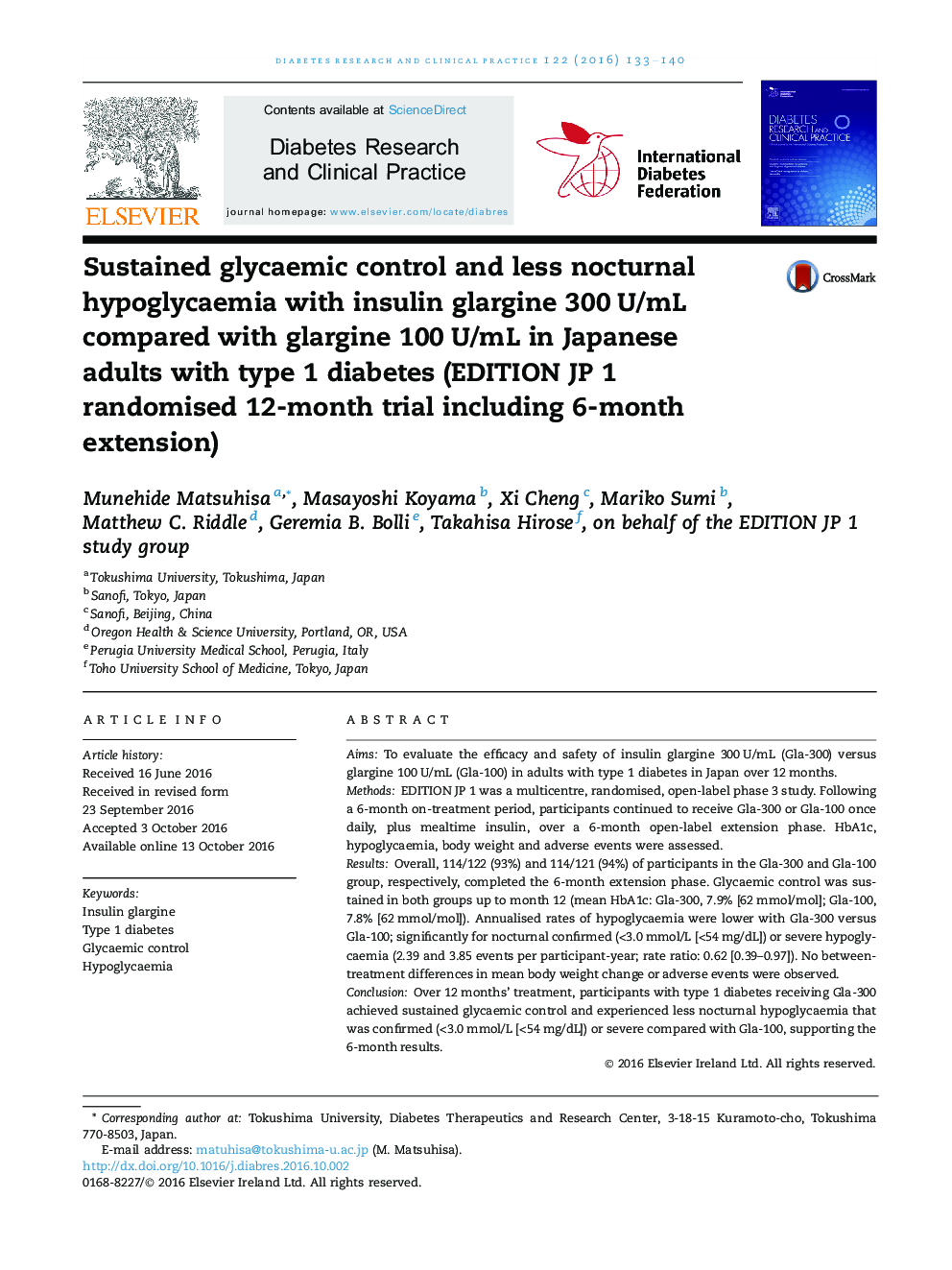 Sustained glycaemic control and less nocturnal hypoglycaemia with insulin glargine 300Â U/mL compared with glargine 100Â U/mL in Japanese adults with type 1 diabetes (EDITION JP 1 randomised 12-month trial including 6-month extension)