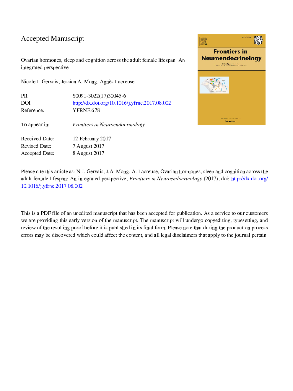 Ovarian hormones, sleep and cognition across the adult female lifespan: An integrated perspective