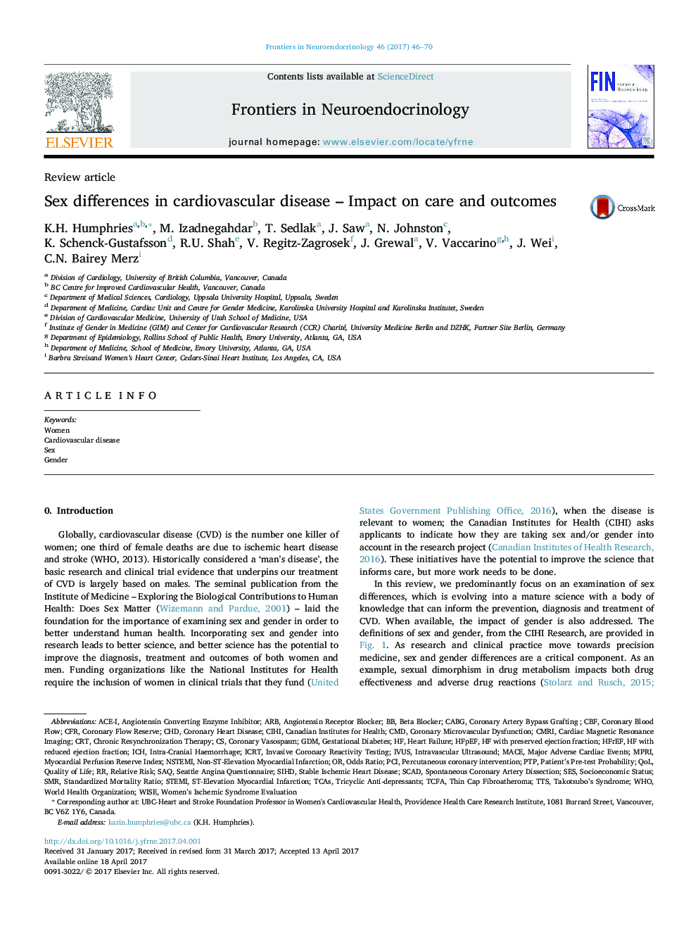 Review articleSex differences in cardiovascular disease - Impact on care and outcomes