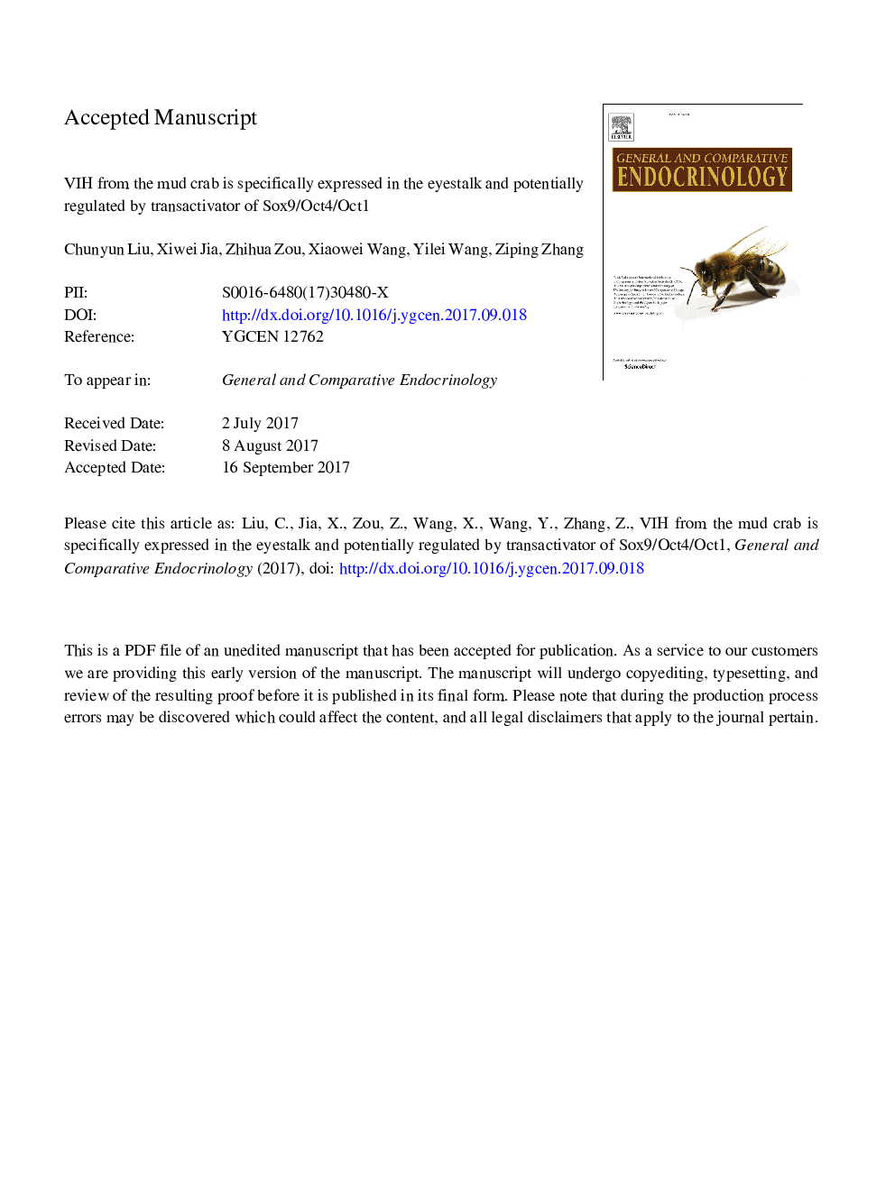 VIH from the mud crab is specifically expressed in the eyestalk and potentially regulated by transactivator of Sox9/Oct4/Oct1