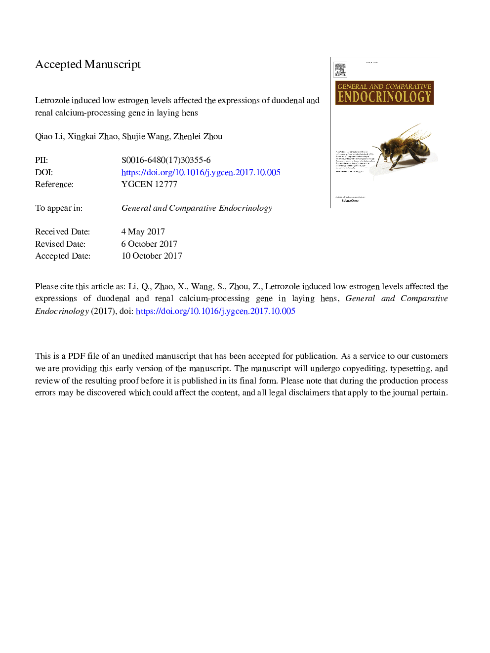 Letrozole induced low estrogen levels affected the expressions of duodenal and renal calcium-processing gene in laying hens