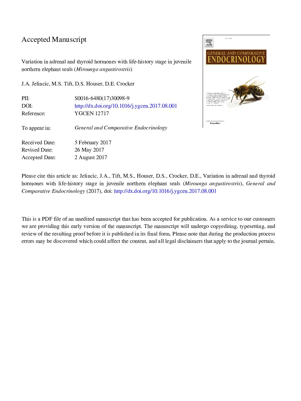 Variation in adrenal and thyroid hormones with life-history stage in juvenile northern elephant seals (Mirounga angustirostris)