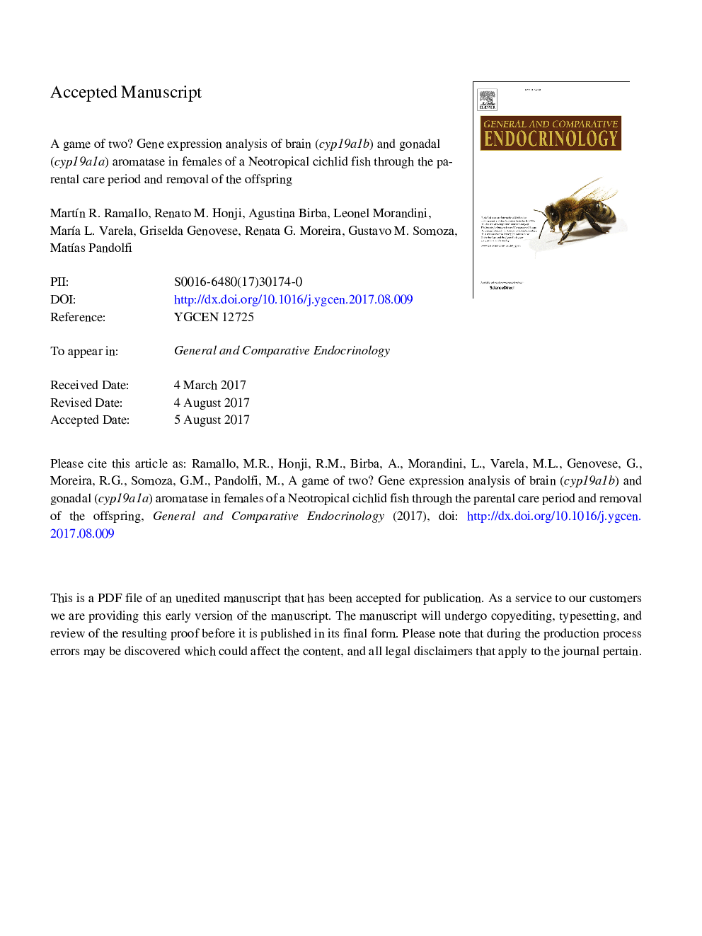 A game of two? Gene expression analysis of brain (cyp19a1b) and gonadal (cyp19a1a) aromatase in females of a Neotropical cichlid fish through the parental care period and removal of the offspring