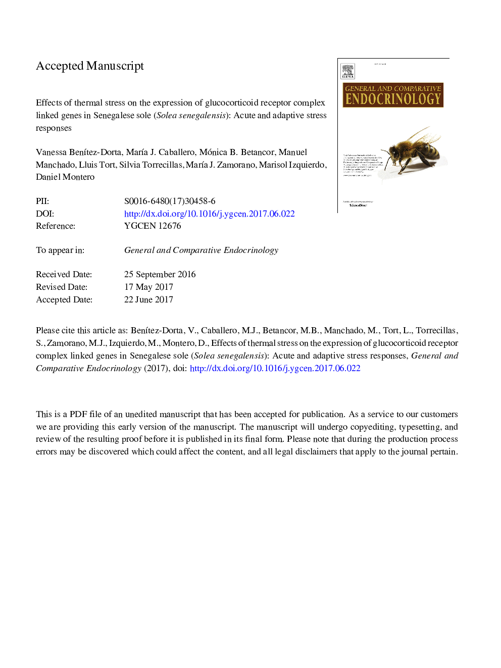 Effects of thermal stress on the expression of glucocorticoid receptor complex linked genes in Senegalese sole (Solea senegalensis): Acute and adaptive stress responses