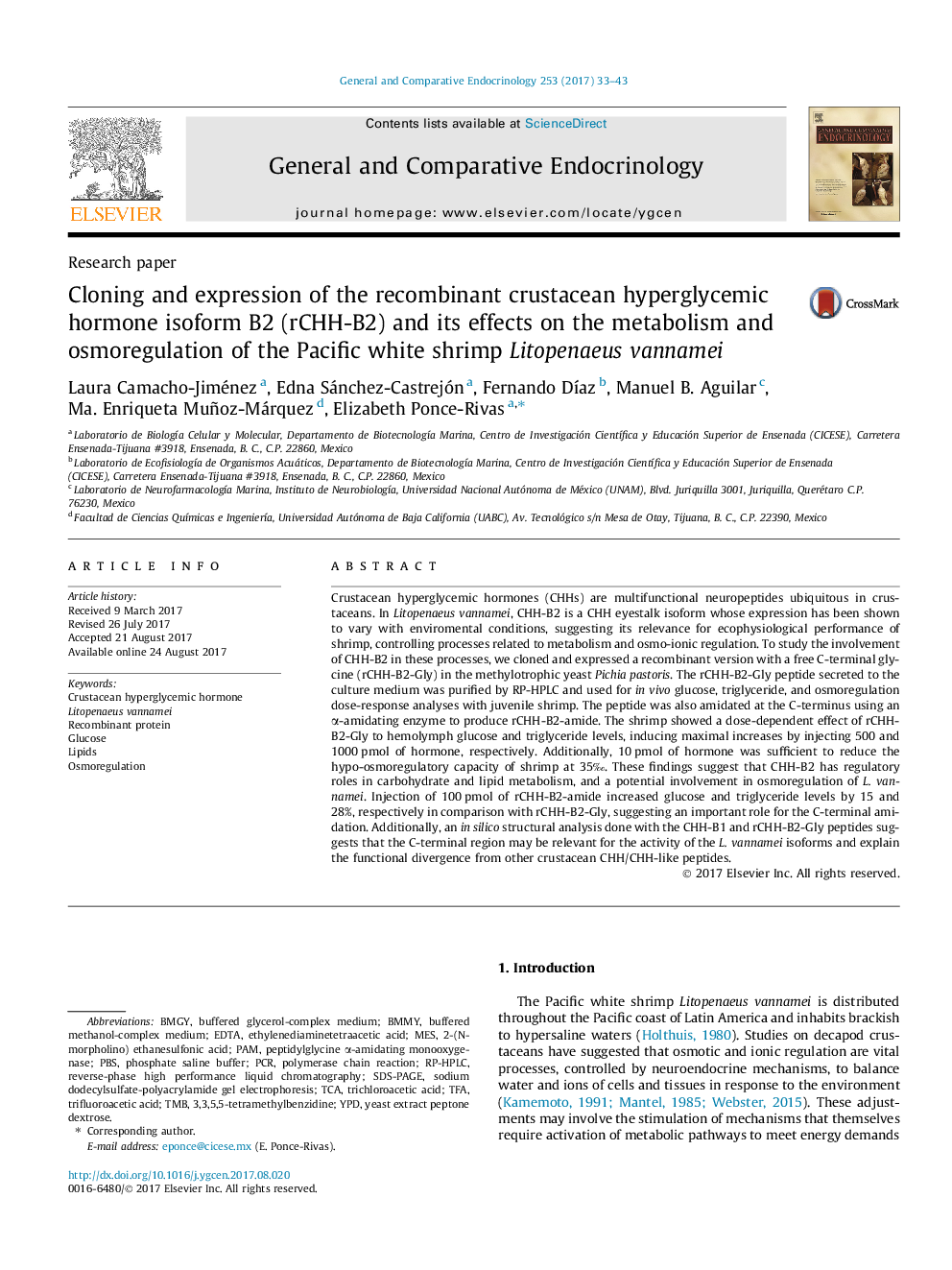 Cloning and expression of the recombinant crustacean hyperglycemic hormone isoform B2 (rCHH-B2) and its effects on the metabolism and osmoregulation of the Pacific white shrimp Litopenaeus vannamei