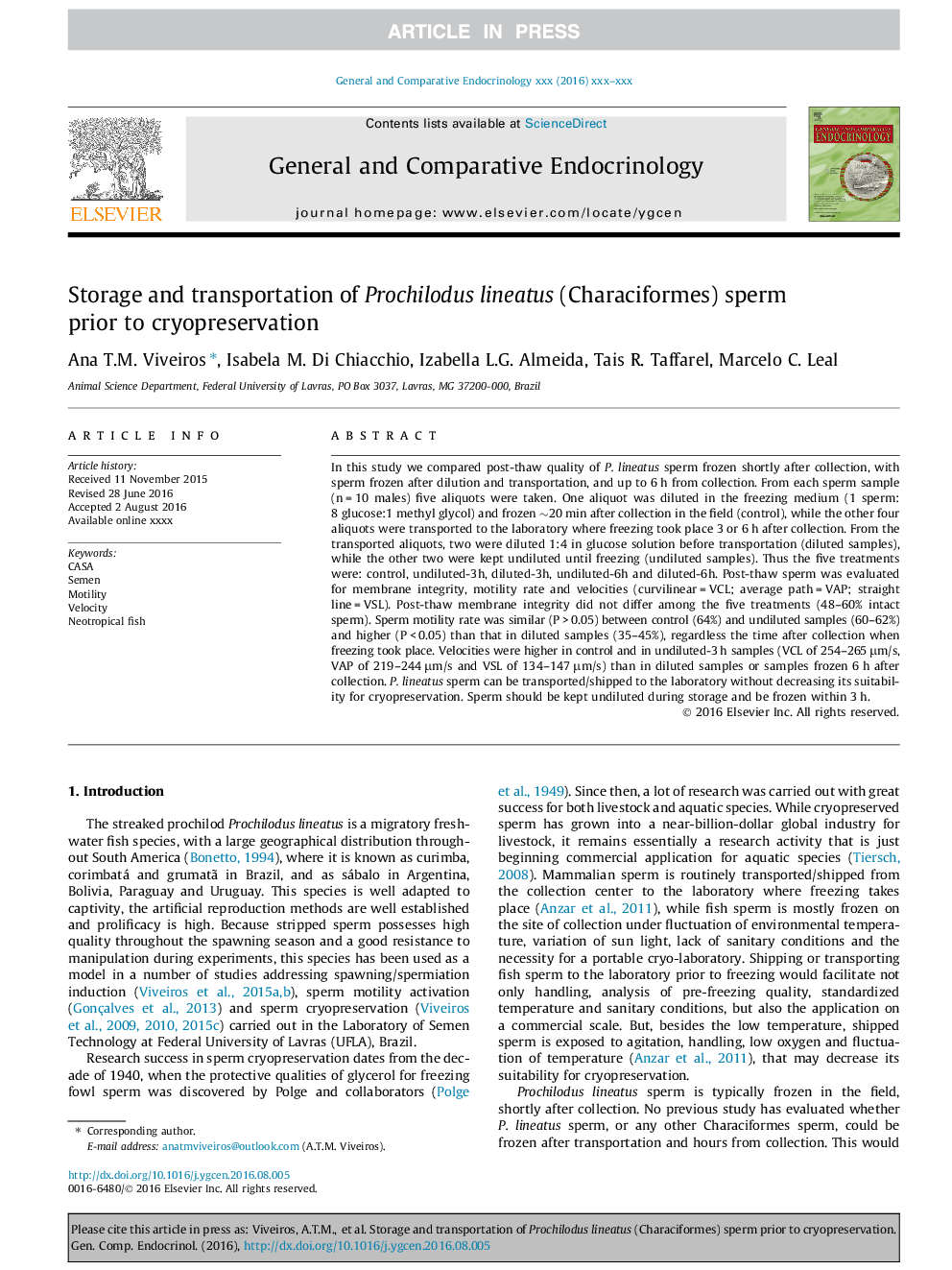 Storage and transportation of Prochilodus lineatus (Characiformes) sperm prior to cryopreservation