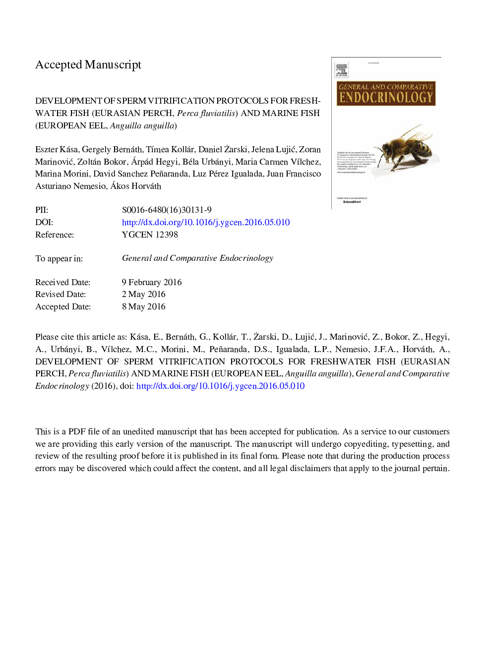 Development of sperm vitrification protocols for freshwater fish (Eurasian perch, Perca fluviatilis) and marine fish (European eel, Anguilla anguilla)