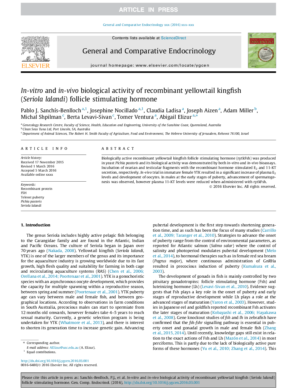 In-vitro and in-vivo biological activity of recombinant yellowtail kingfish (Seriola lalandi) follicle stimulating hormone