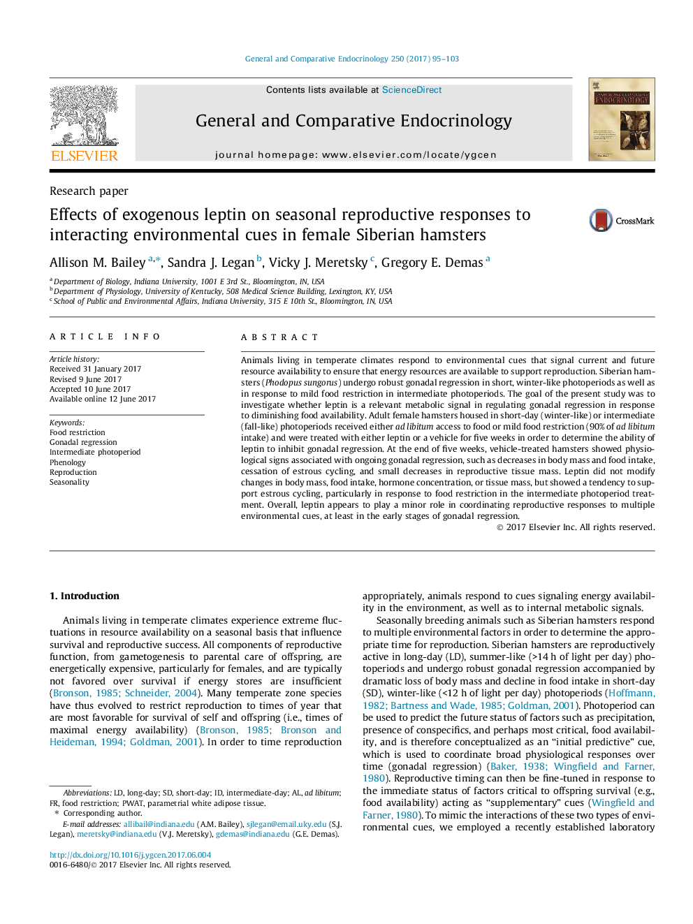 Effects of exogenous leptin on seasonal reproductive responses to interacting environmental cues in female Siberian hamsters