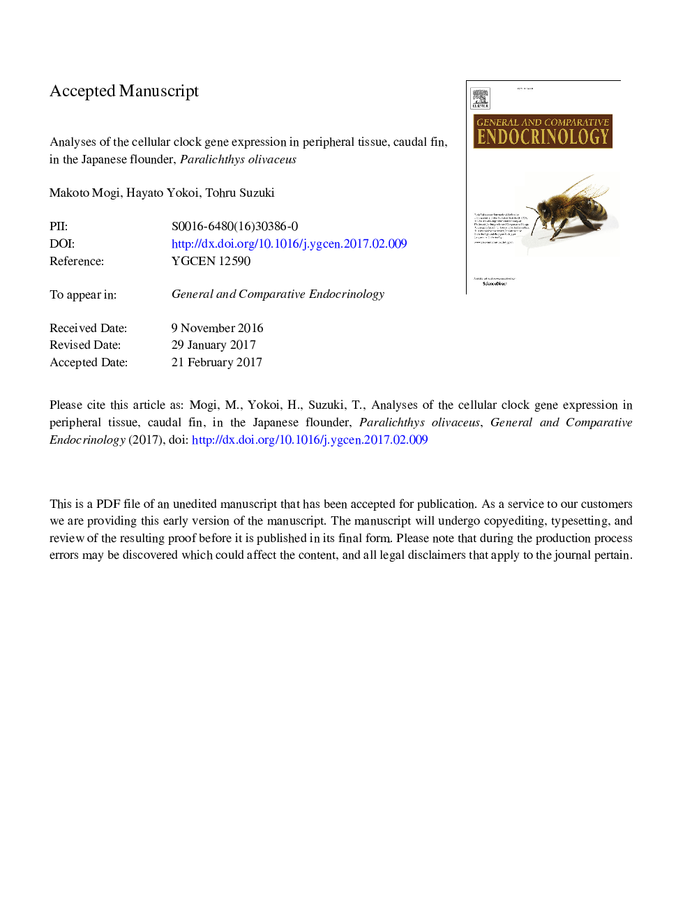 Analyses of the cellular clock gene expression in peripheral tissue, caudal fin, in the Japanese flounder, Paralichthys olivaceus