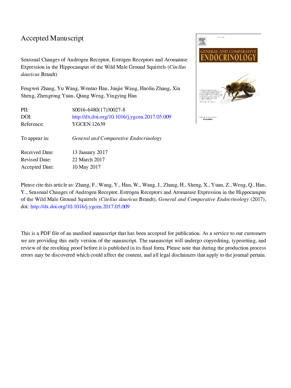 Seasonal changes of androgen receptor, estrogen receptors and aromatase expression in the hippocampus of the wild male ground squirrels (Citellus dauricus Brandt)