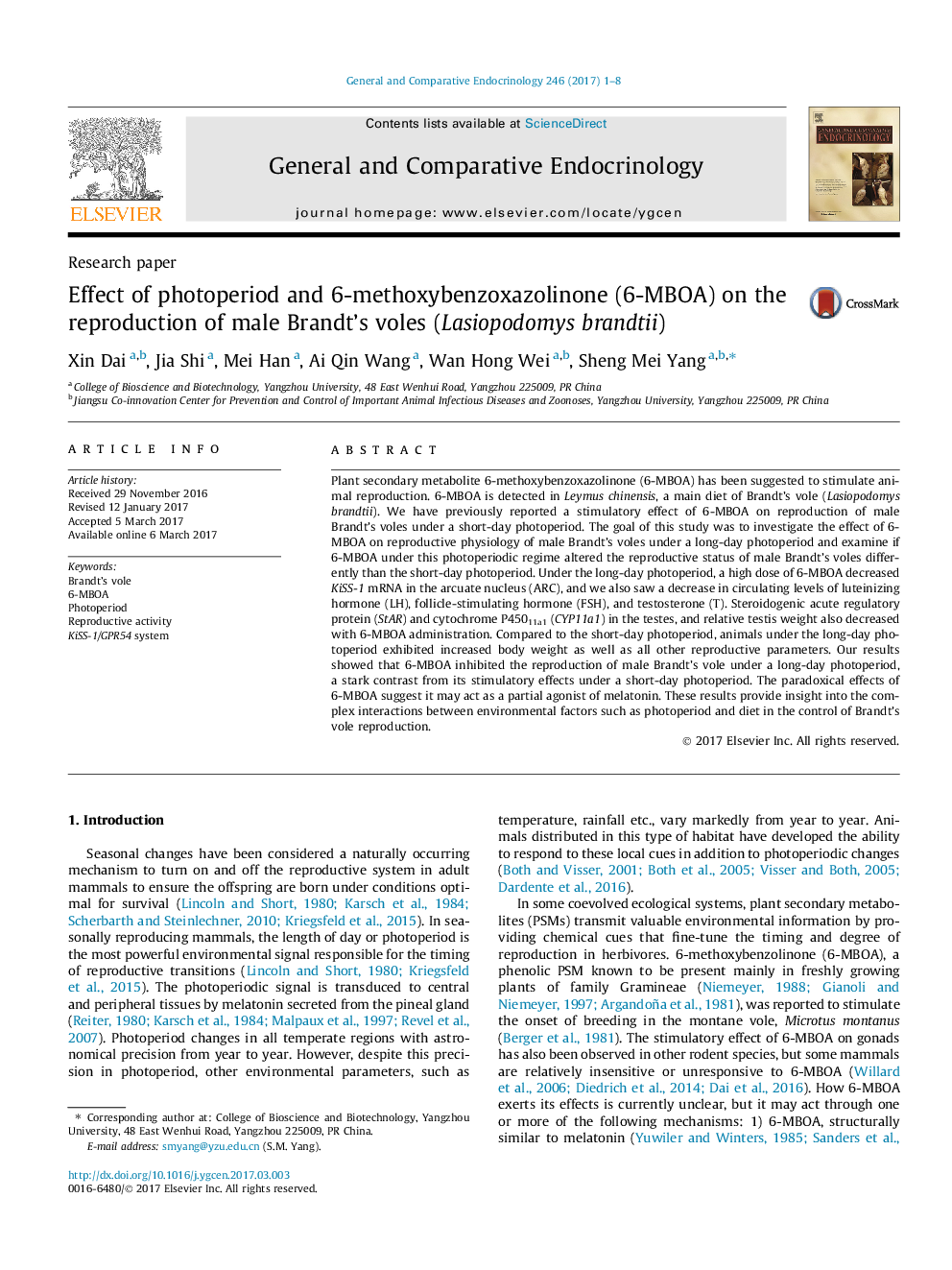 Effect of photoperiod and 6-methoxybenzoxazolinone (6-MBOA) on the reproduction of male Brandt's voles (Lasiopodomys brandtii)