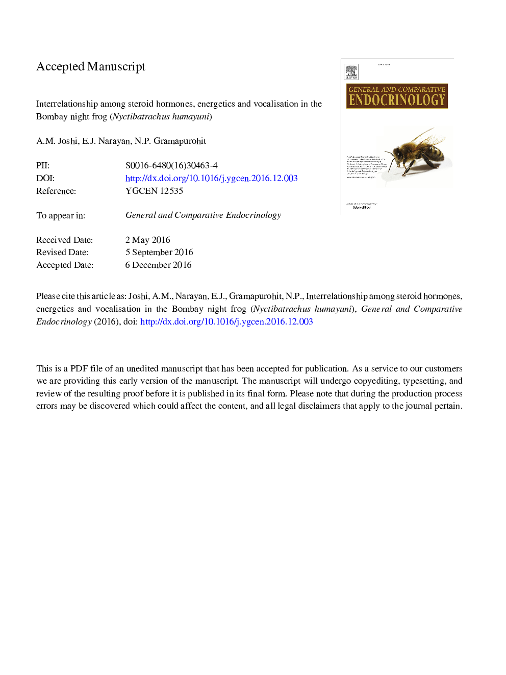 Interrelationship among steroid hormones, energetics and vocalisation in the Bombay night frog (Nyctibatrachus humayuni)