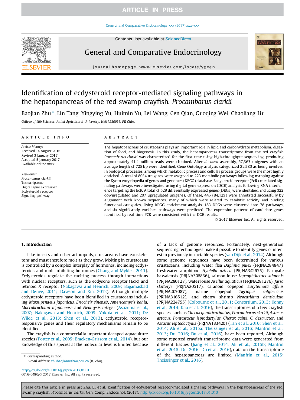 Identification of ecdysteroid receptor-mediated signaling pathways in the hepatopancreas of the red swamp crayfish, Procambarus clarkii