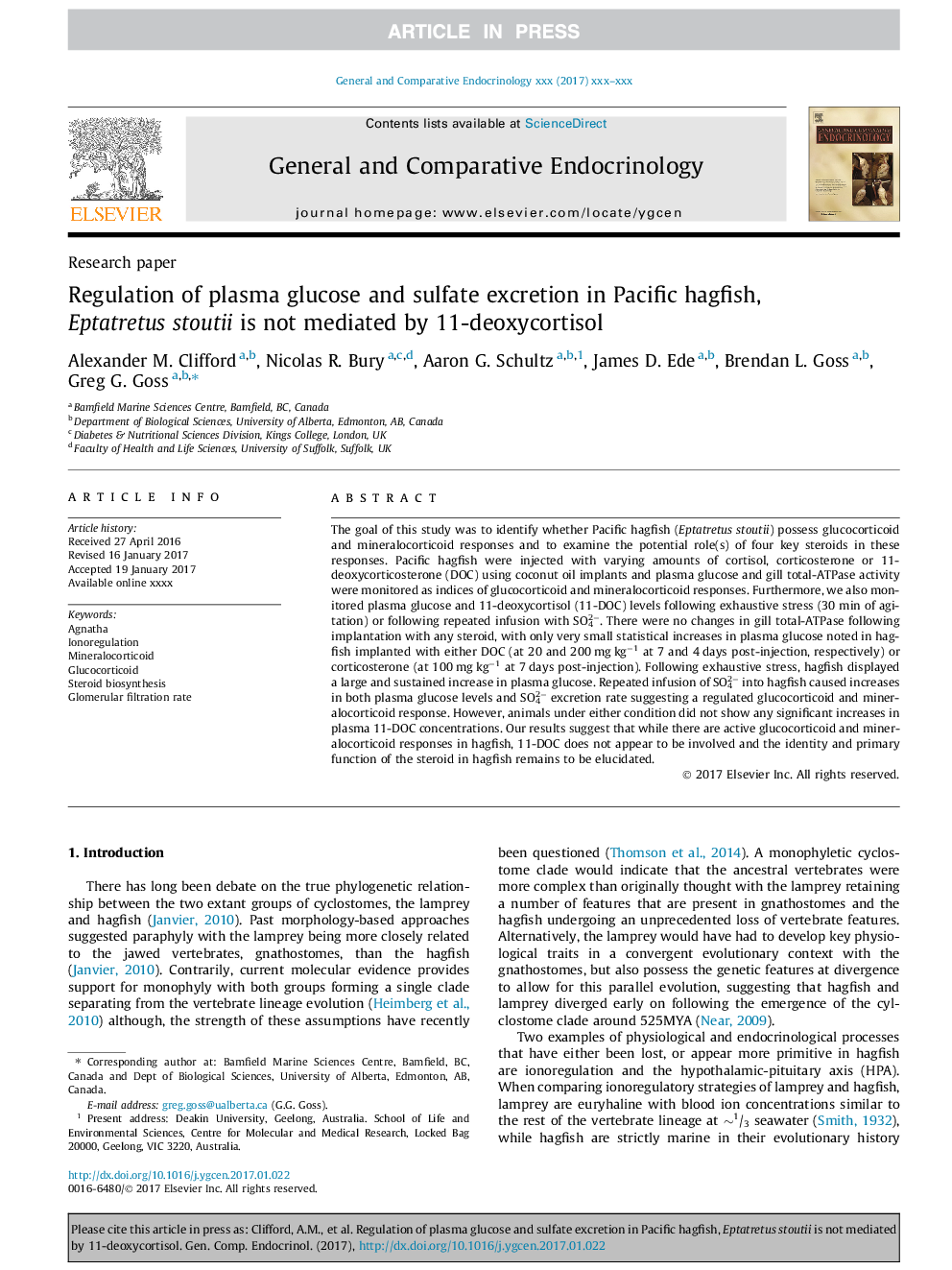 Regulation of plasma glucose and sulfate excretion in Pacific hagfish, Eptatretus stoutii is not mediated by 11-deoxycortisol