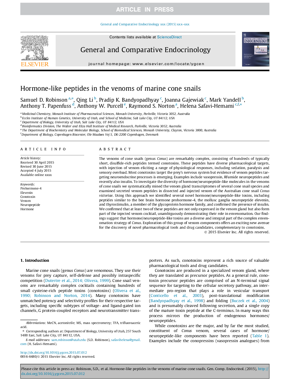 Hormone-like peptides in the venoms of marine cone snails