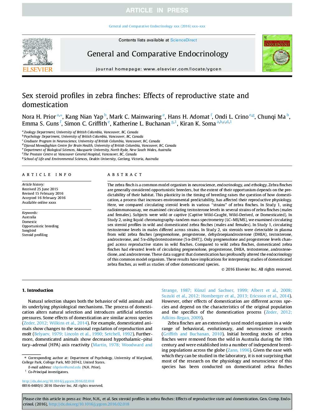 Sex steroid profiles in zebra finches: Effects of reproductive state and domestication