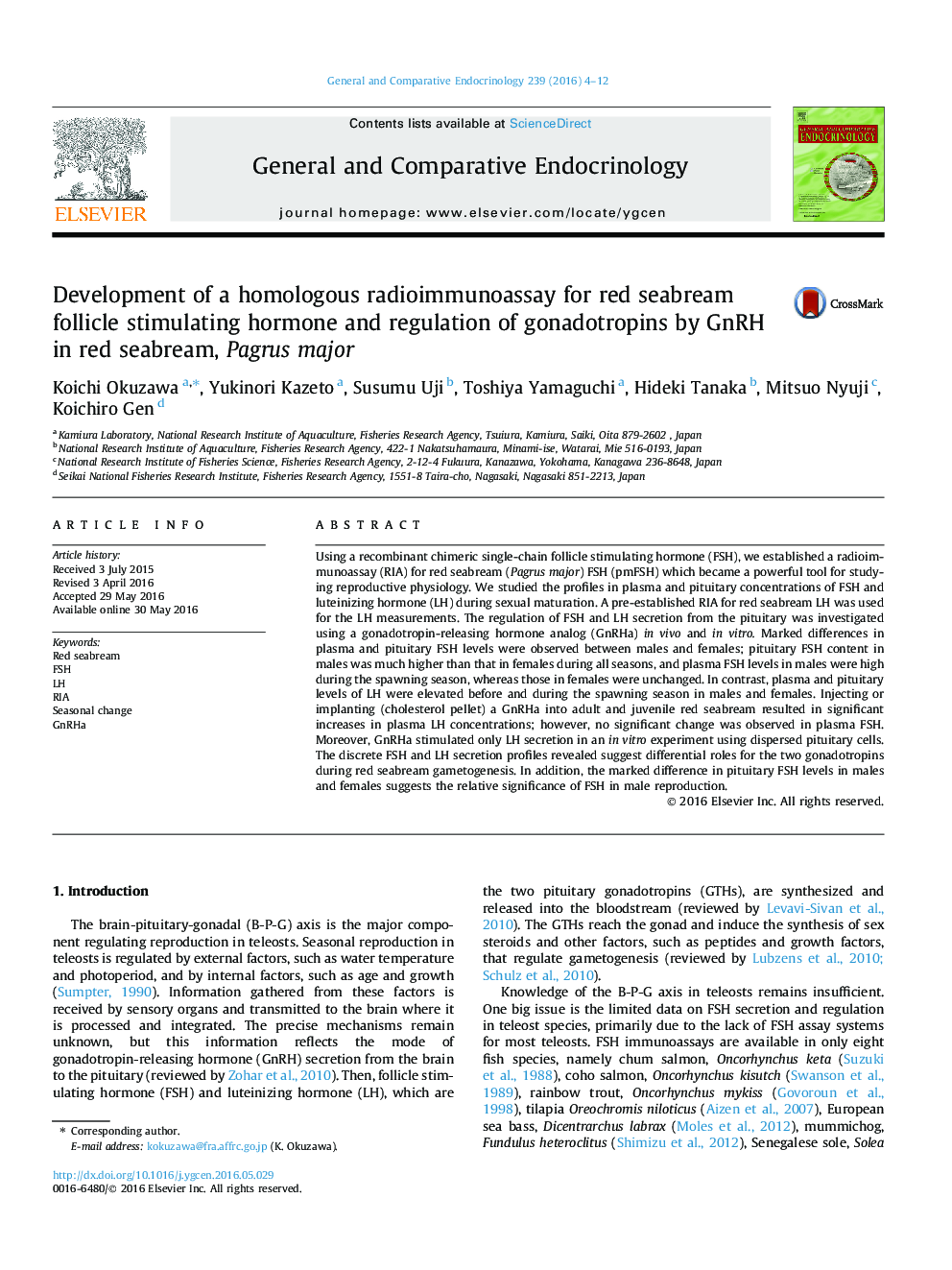 Development of a homologous radioimmunoassay for red seabream follicle stimulating hormone and regulation of gonadotropins by GnRH in red seabream, Pagrus major