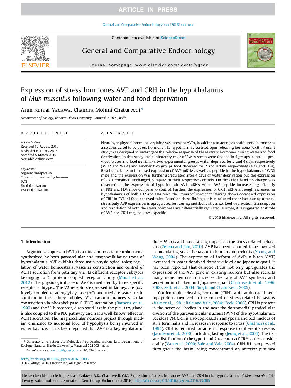 Expression of stress hormones AVP and CRH in the hypothalamus of Mus musculus following water and food deprivation