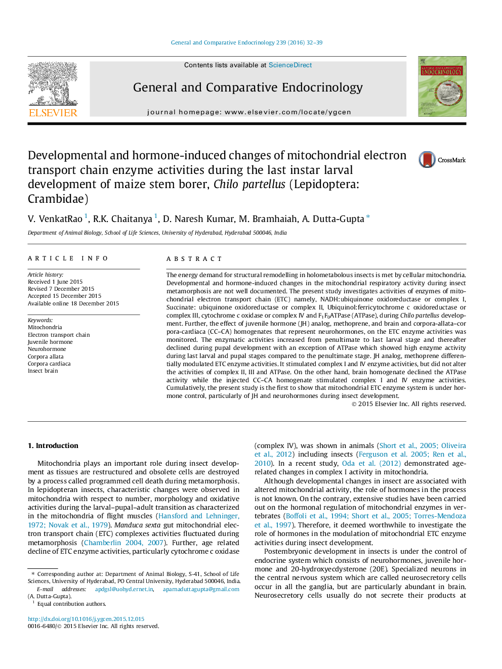 Developmental and hormone-induced changes of mitochondrial electron transport chain enzyme activities during the last instar larval development of maize stem borer, Chilo partellus (Lepidoptera: Crambidae)