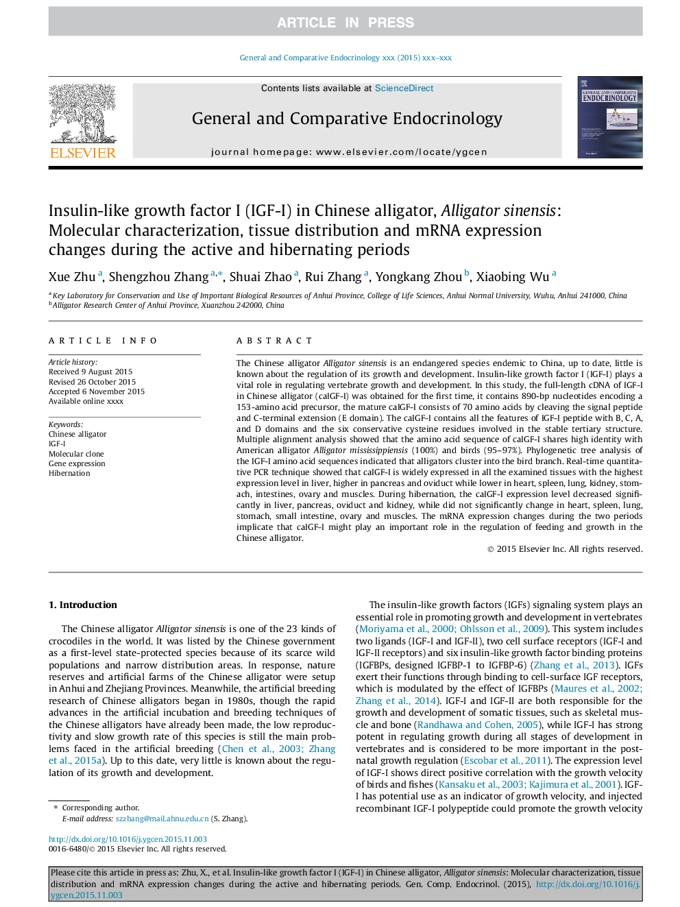 Insulin-like growth factor I (IGF-I) in Chinese alligator, Alligator sinensis: Molecular characterization, tissue distribution and mRNA expression changes during the active and hibernating periods