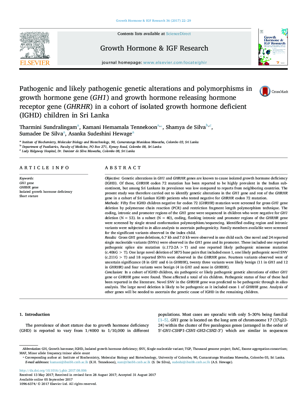 Pathogenic and likely pathogenic genetic alterations and polymorphisms in growth hormone gene (GH1) and growth hormone releasing hormone receptor gene (GHRHR) in a cohort of isolated growth hormone deficient (IGHD) children in Sri Lanka