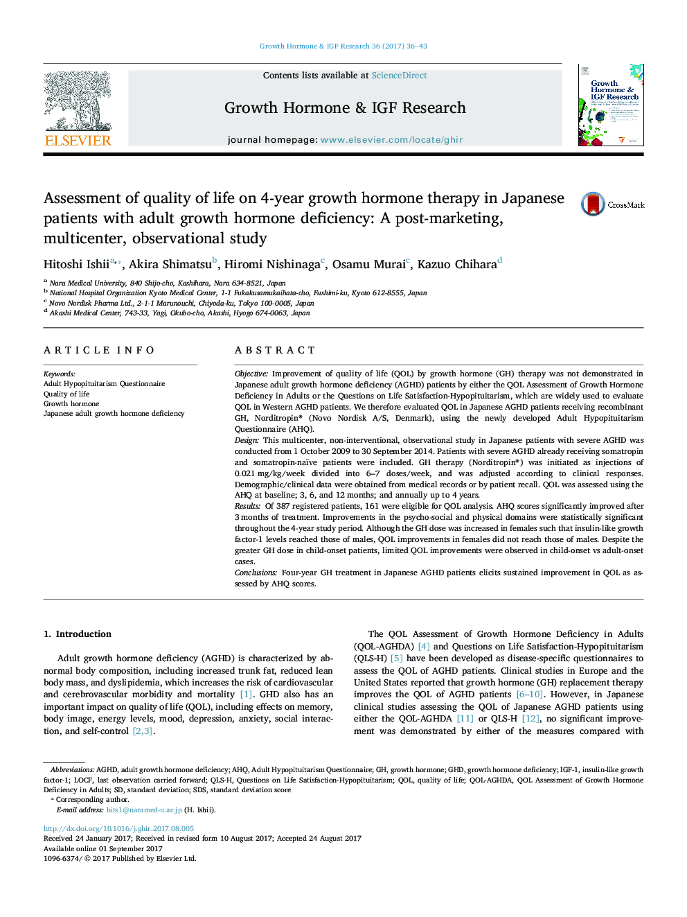 ارزیابی کیفیت زندگی در درمان 4 ساله هورمون رشد در بیماران ژاپنی با کمبود هورمون رشد بزرگسالان: یک مطالعه ی مشاهدات چند ساله پس از بازاریابی 