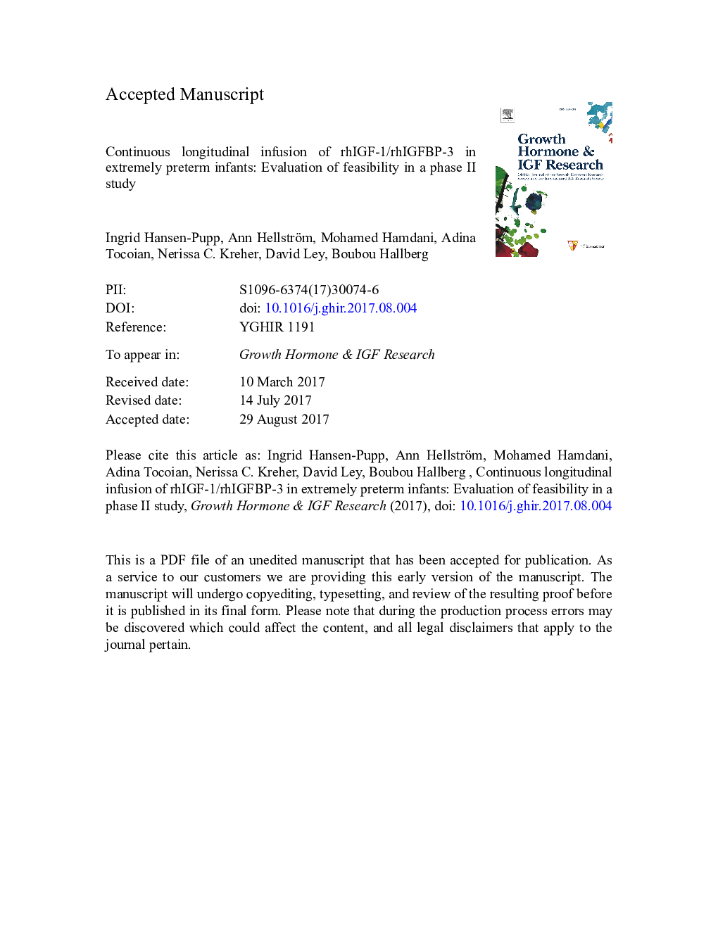 Continuous longitudinal infusion of rhIGF-1/rhIGFBP-3 in extremely preterm infants: Evaluation of feasibility in a phase II study