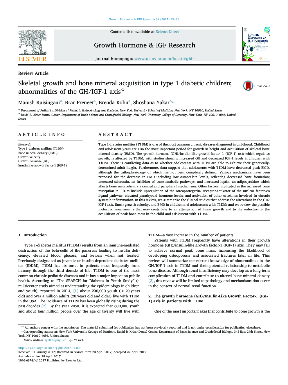 Skeletal growth and bone mineral acquisition in type 1 diabetic children; abnormalities of the GH/IGF-1 axis