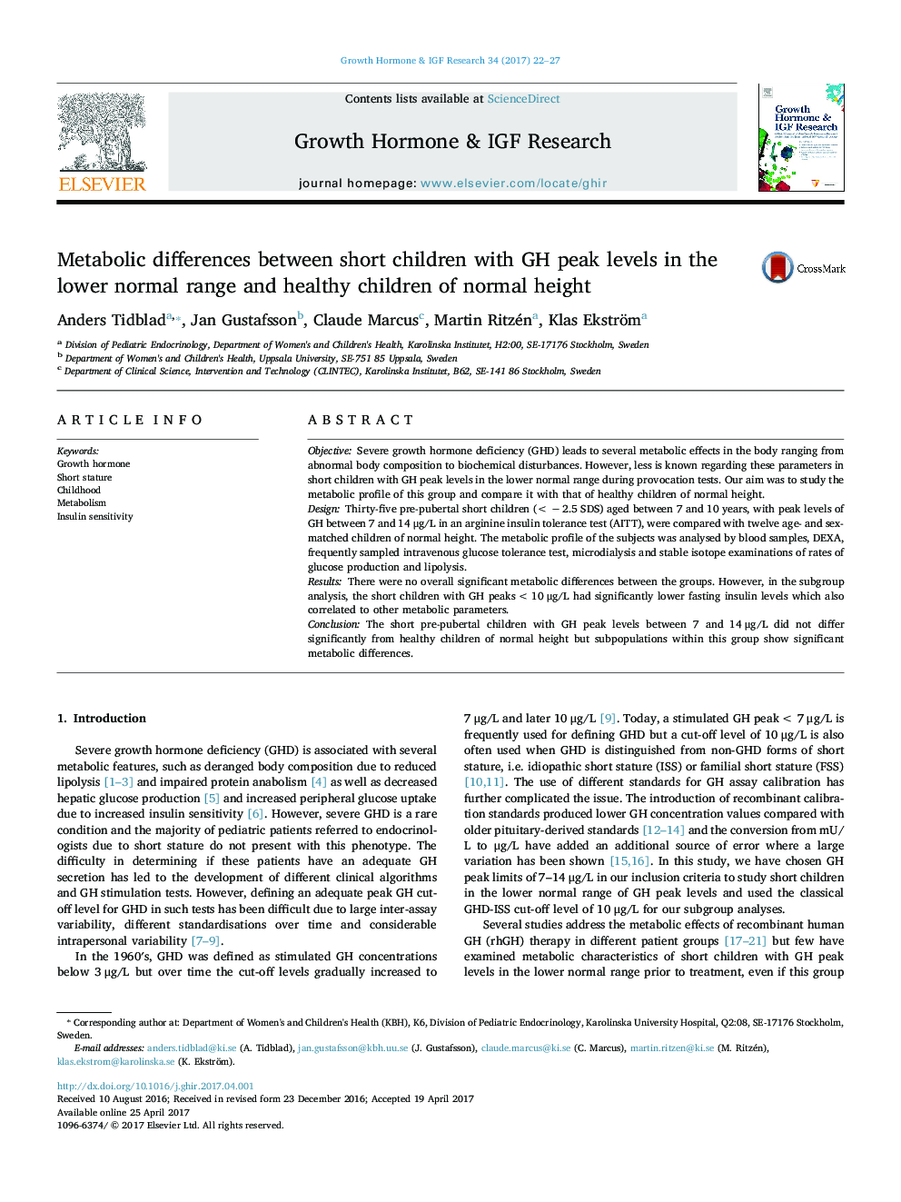 Metabolic differences between short children with GH peak levels in the lower normal range and healthy children of normal height