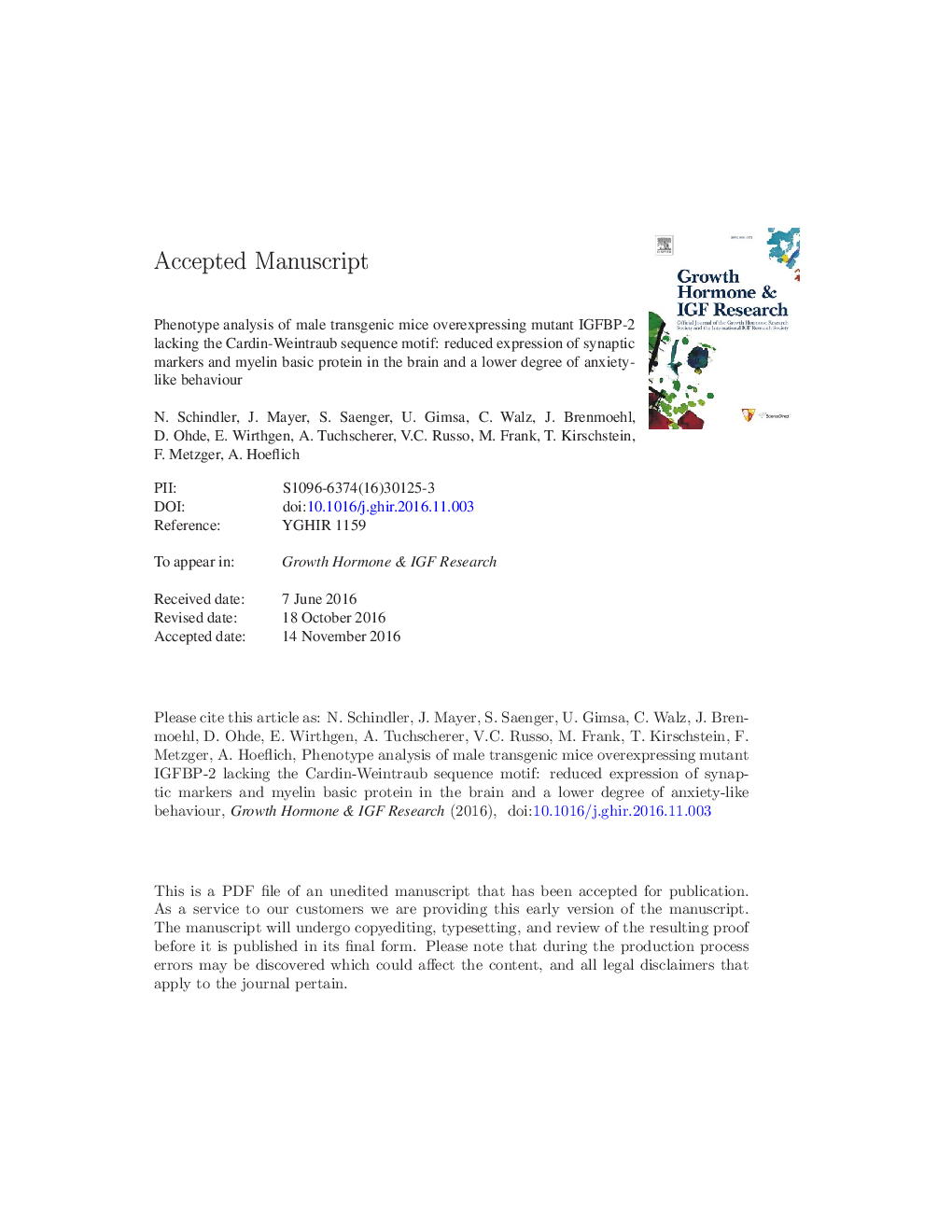 Phenotype analysis of male transgenic mice overexpressing mutant IGFBP-2 lacking the Cardin-Weintraub sequence motif: Reduced expression of synaptic markers and myelin basic protein in the brain and a lower degree of anxiety-like behaviour