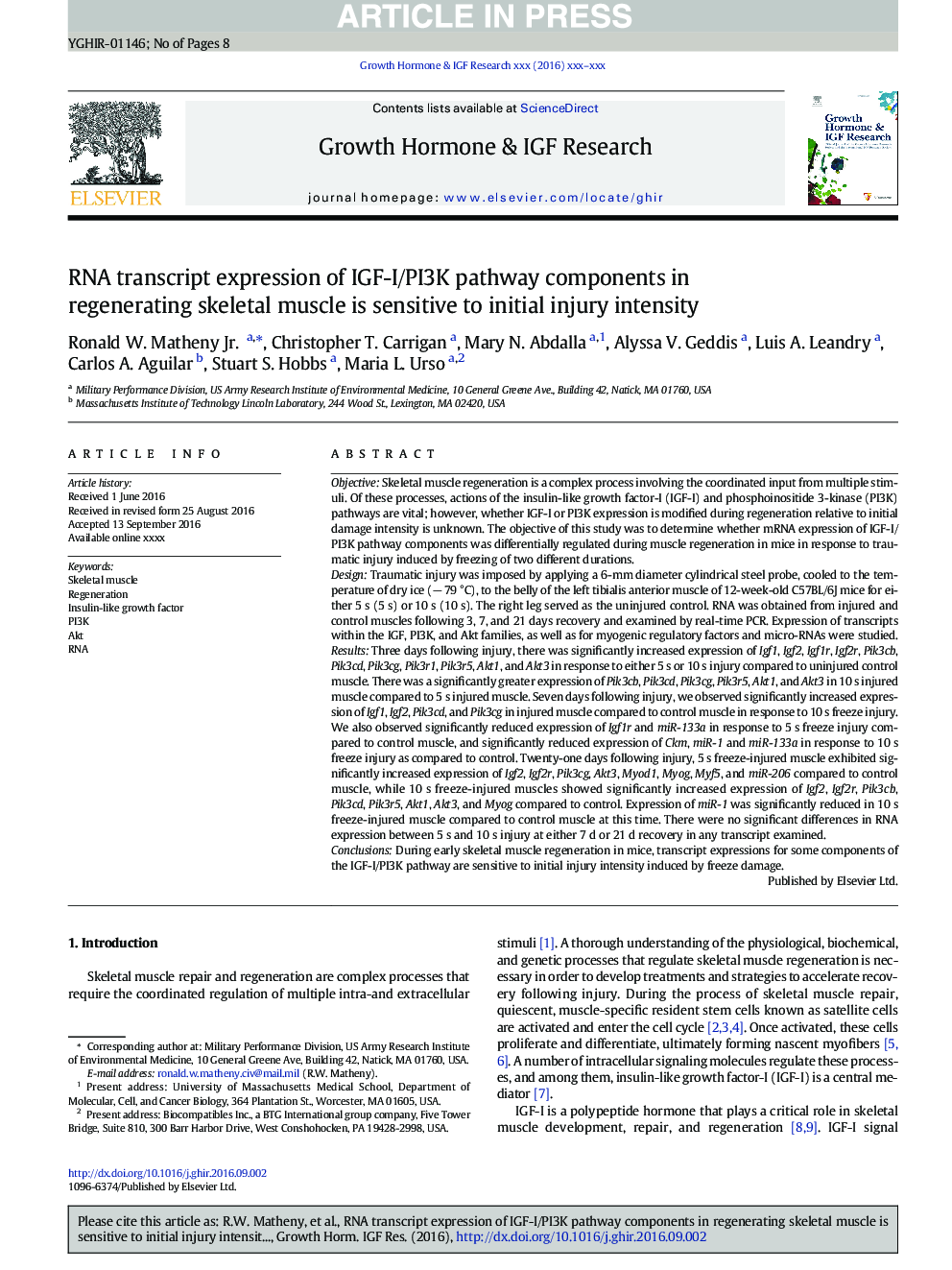 RNA transcript expression of IGF-I/PI3K pathway components in regenerating skeletal muscle is sensitive to initial injury intensity