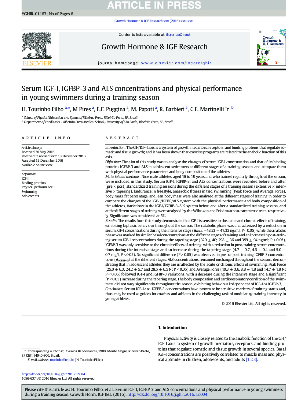 Serum IGF-I, IGFBP-3 and ALS concentrations and physical performance in young swimmers during a training season