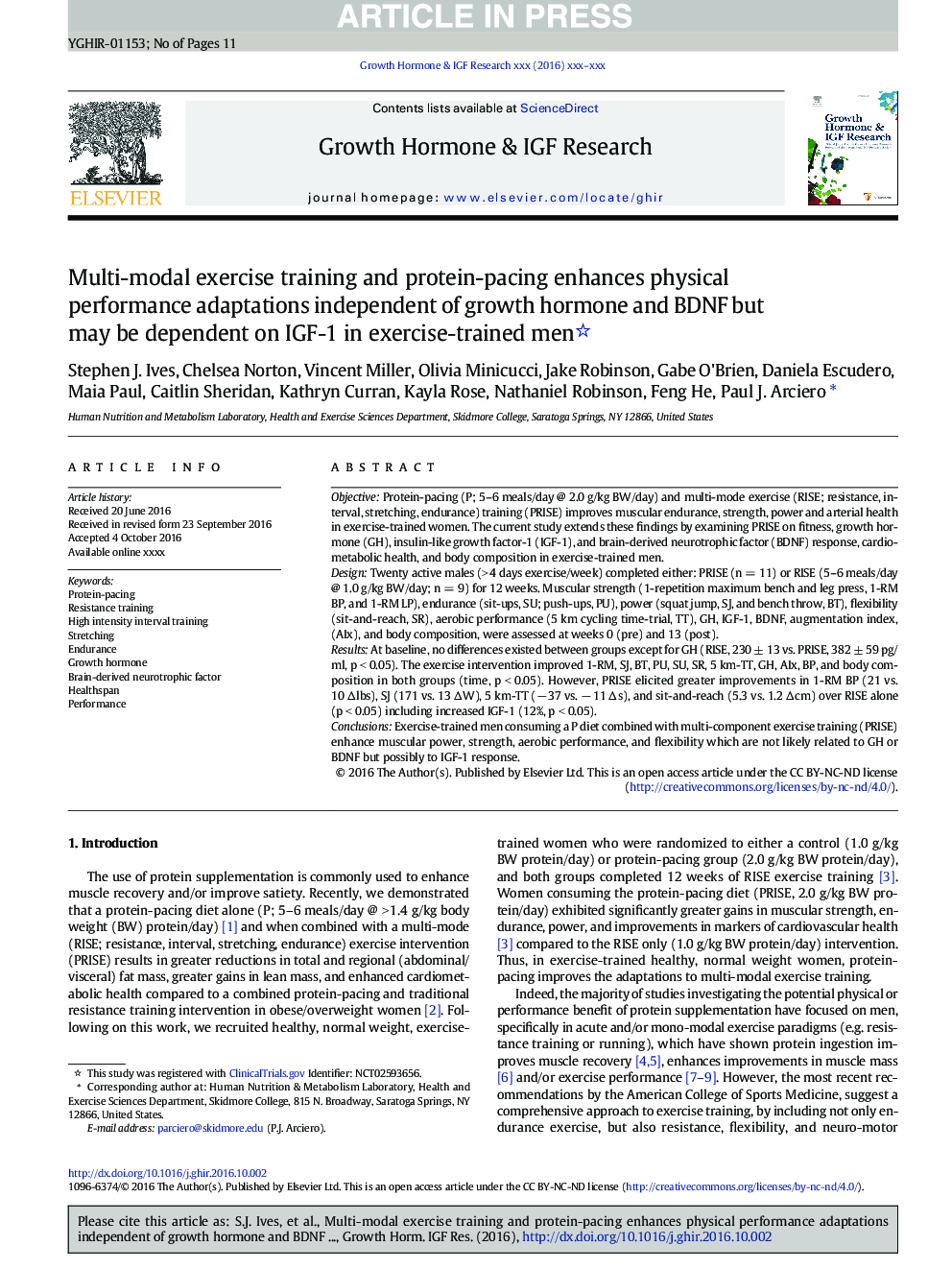 Multi-modal exercise training and protein-pacing enhances physical performance adaptations independent of growth hormone and BDNF but may be dependent on IGF-1 in exercise-trained men