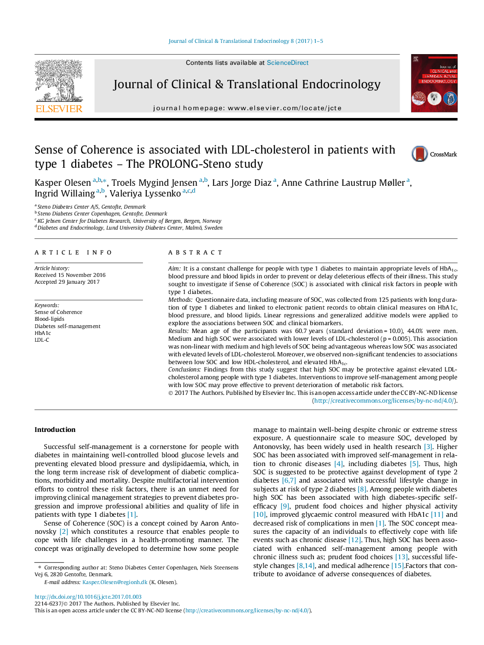 Sense of Coherence is associated with LDL-cholesterol in patients with type 1 diabetes - The PROLONG-Steno study