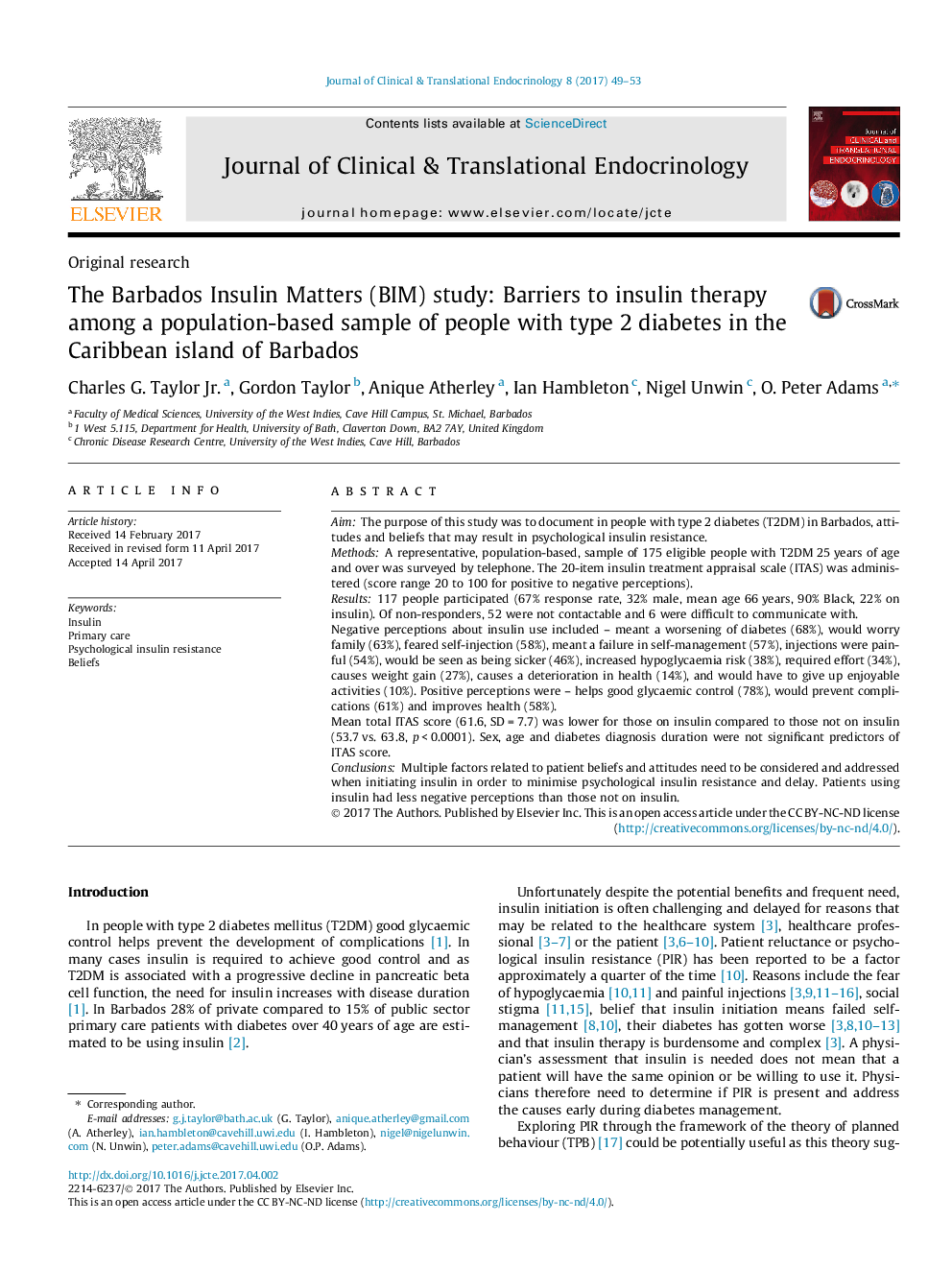 The Barbados Insulin Matters (BIM) study: Barriers to insulin therapy among a population-based sample of people with type 2 diabetes in the Caribbean island of Barbados