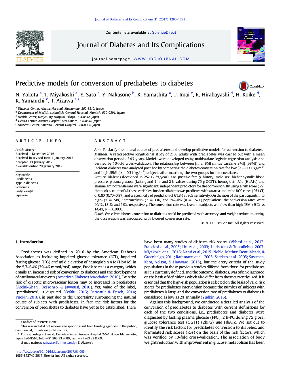 Predictive models for conversion of prediabetes to diabetes