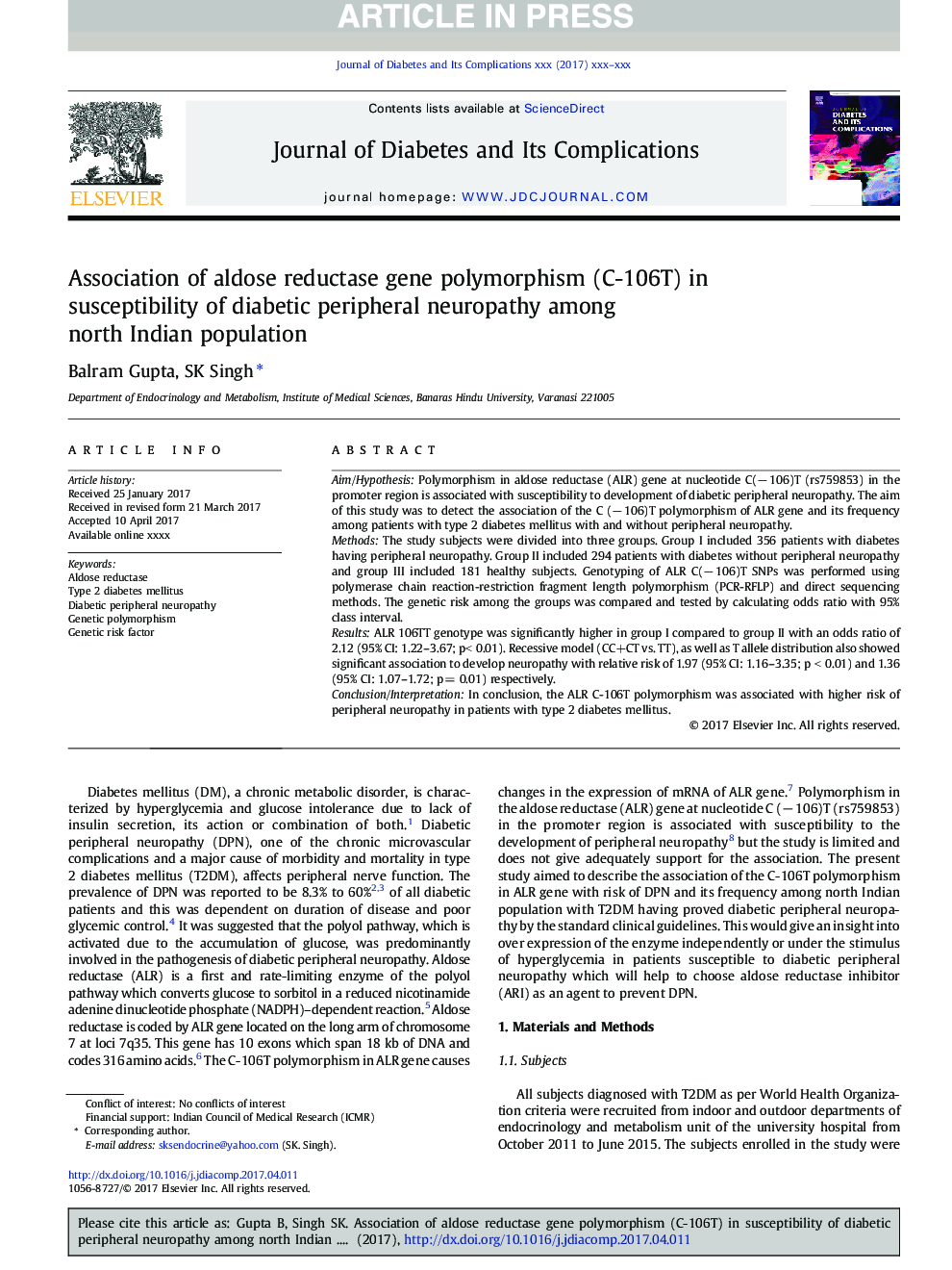 Association of aldose reductase gene polymorphism (C-106T) in susceptibility of diabetic peripheral neuropathy among north Indian population