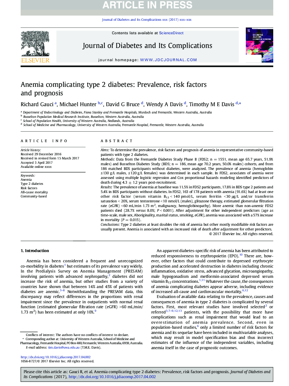 Anemia complicating type 2 diabetes: Prevalence, risk factors and prognosis