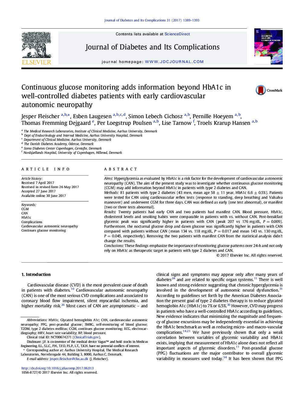 Continuous glucose monitoring adds information beyond HbA1c in well-controlled diabetes patients with early cardiovascular autonomic neuropathy