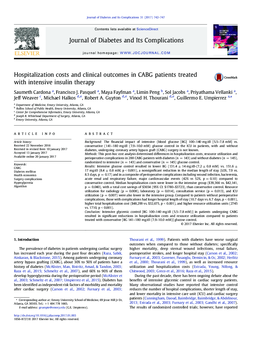 Hospitalization costs and clinical outcomes in CABG patients treated with intensive insulin therapy