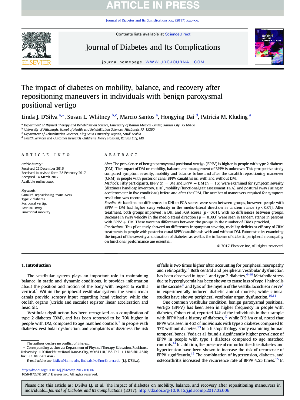 The impact of diabetes on mobility, balance, and recovery after repositioning maneuvers in individuals with benign paroxysmal positional vertigo