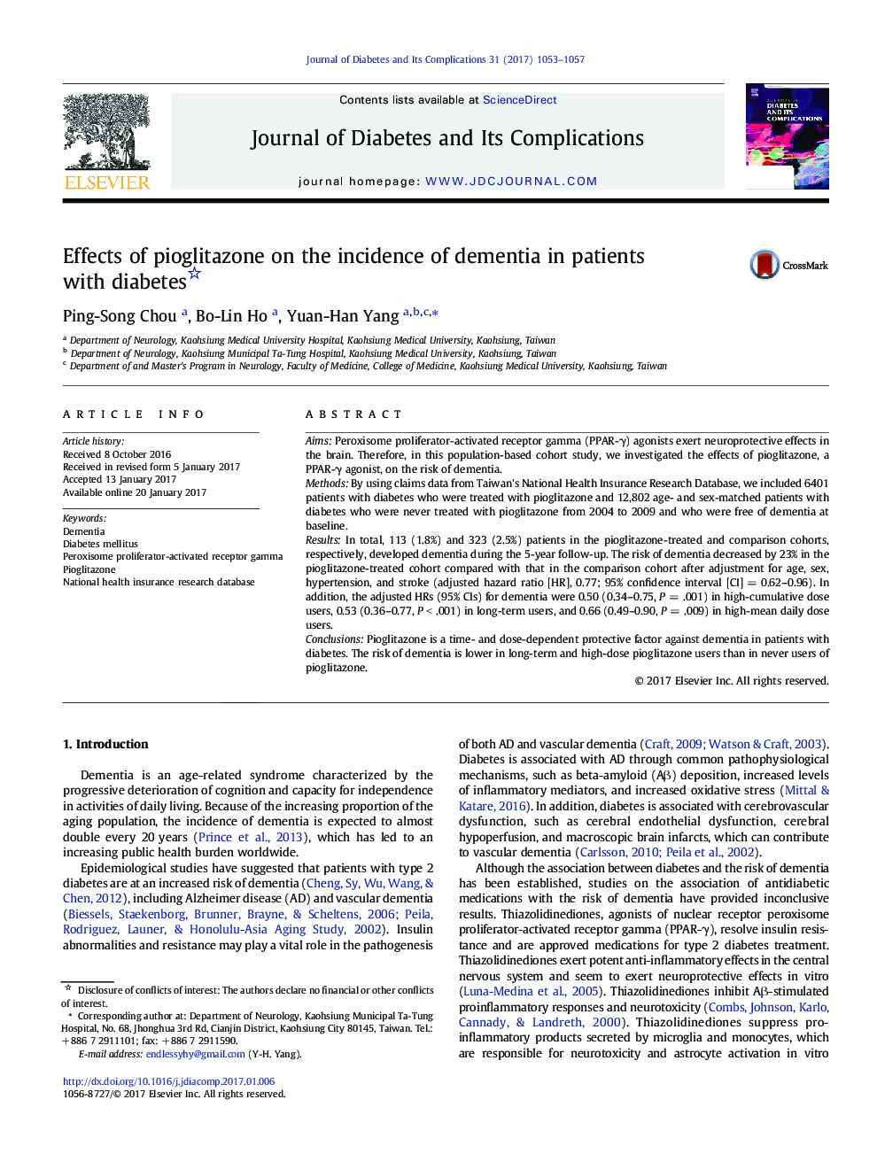 Effects of pioglitazone on the incidence of dementia in patients with diabetes