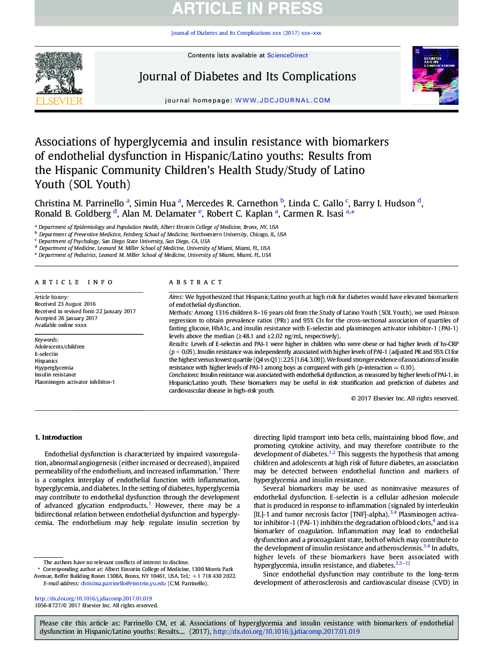 Associations of hyperglycemia and insulin resistance with biomarkers of endothelial dysfunction in Hispanic/Latino youths: Results from the Hispanic Community Children's Health Study/Study of Latino Youth (SOL Youth)