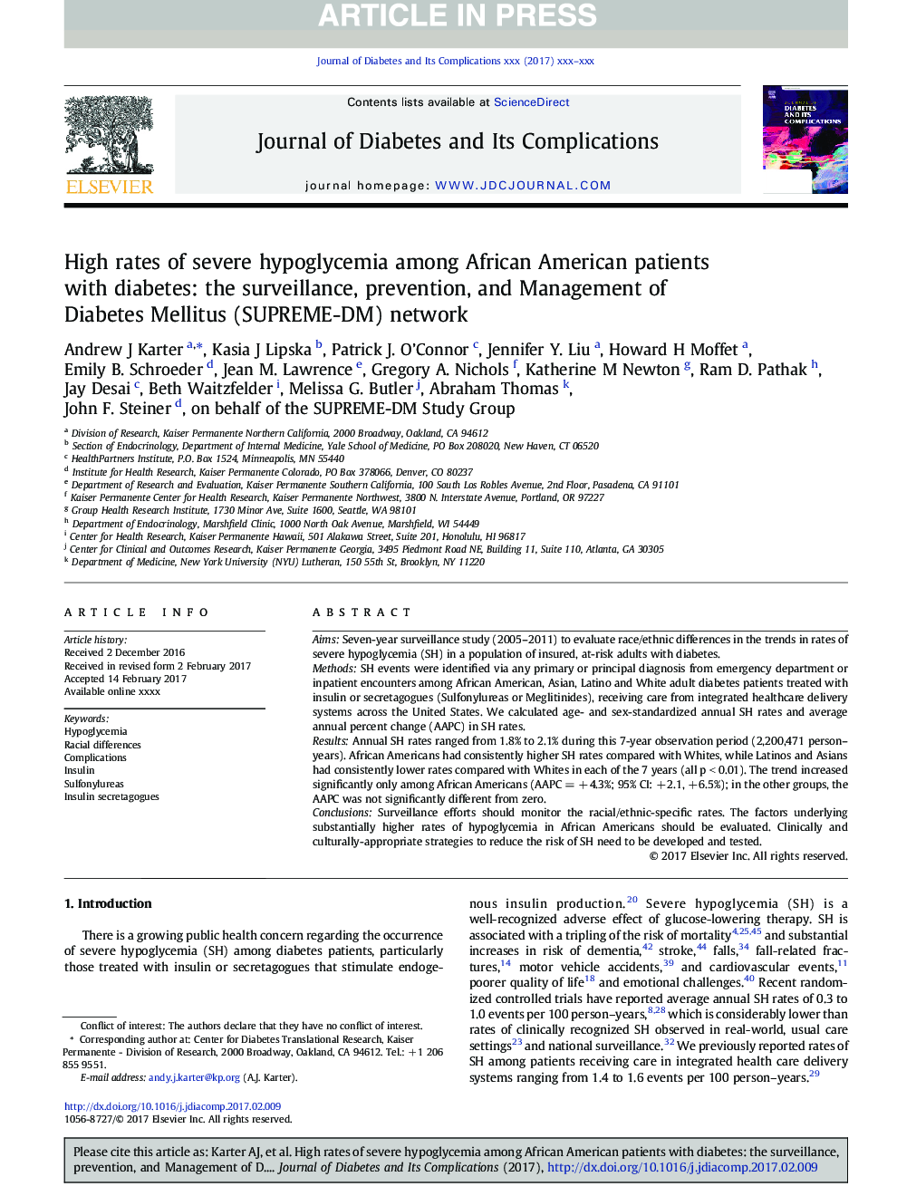 High rates of severe hypoglycemia among African American patients with diabetes: the surveillance, prevention, and Management of Diabetes Mellitus (SUPREME-DM) network