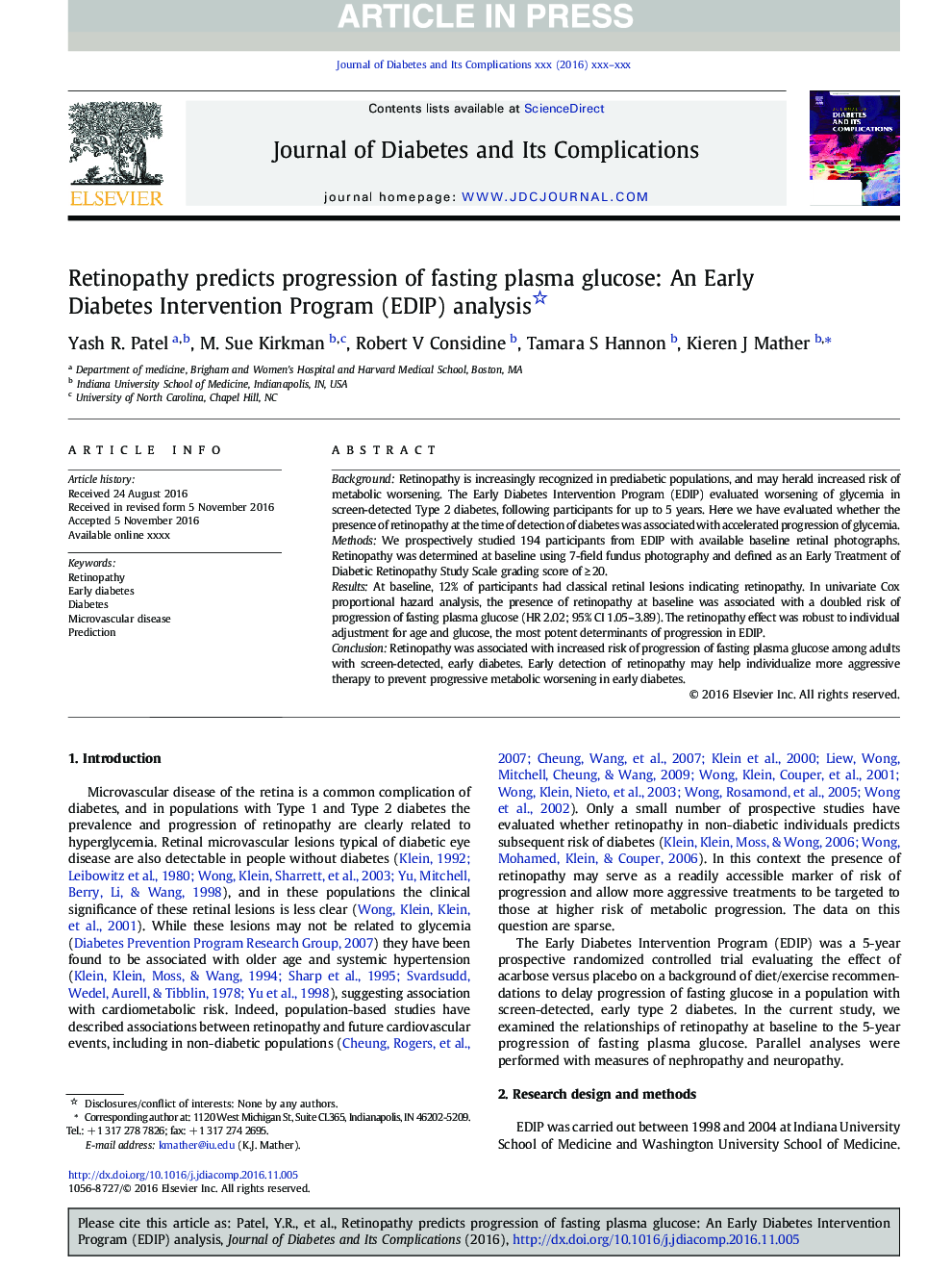 Retinopathy predicts progression of fasting plasma glucose: An Early Diabetes Intervention Program (EDIP) analysis