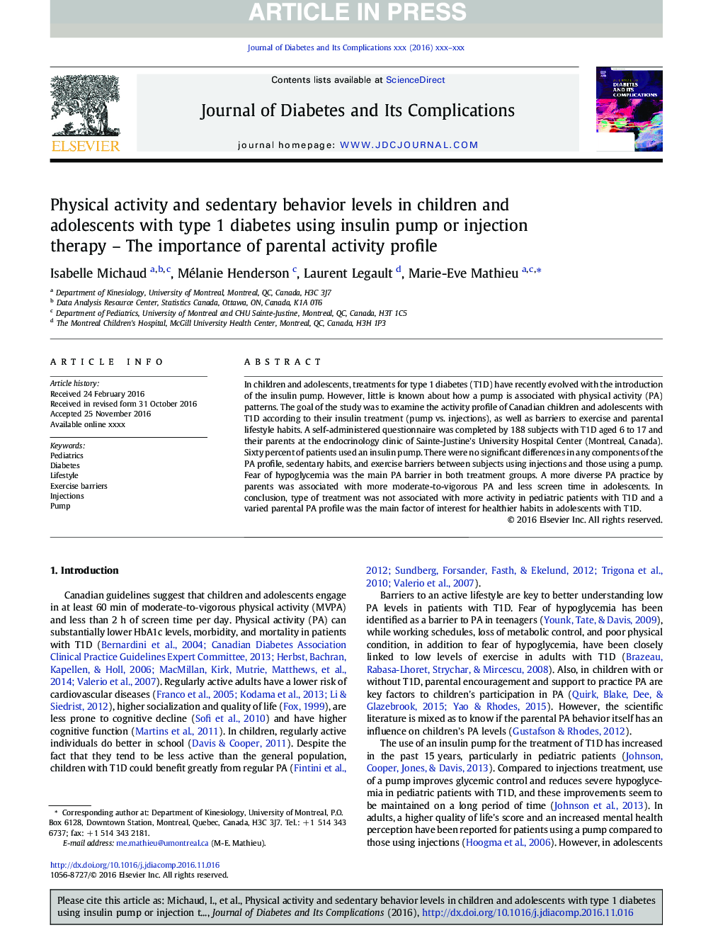 Physical activity and sedentary behavior levels in children and adolescents with type 1 diabetes using insulin pump or injection therapy - The importance of parental activity profile