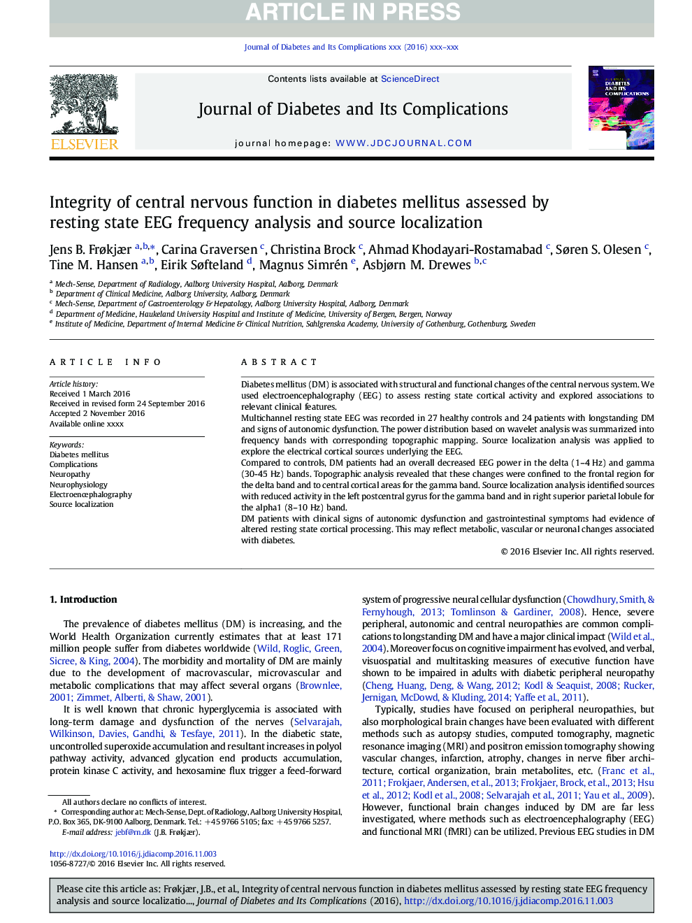 Integrity of central nervous function in diabetes mellitus assessed by resting state EEG frequency analysis and source localization