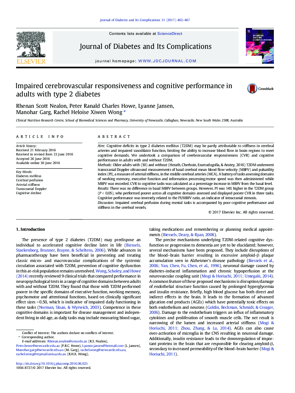 Impaired cerebrovascular responsiveness and cognitive performance in adults with type 2 diabetes